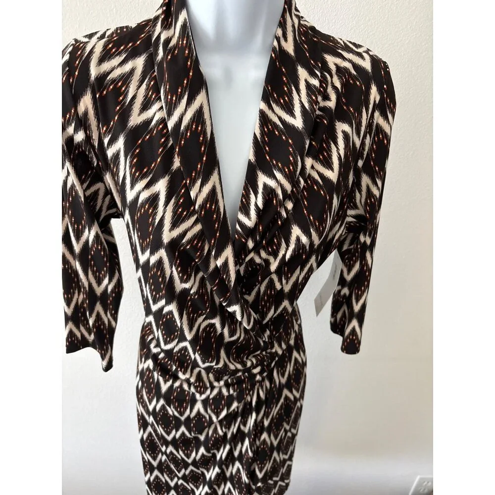 NWT Karen Kane Dress Size M Boho Chic Solar Ikat Faux Wrap Gold Sun Brown Black - Picture 10 of 16